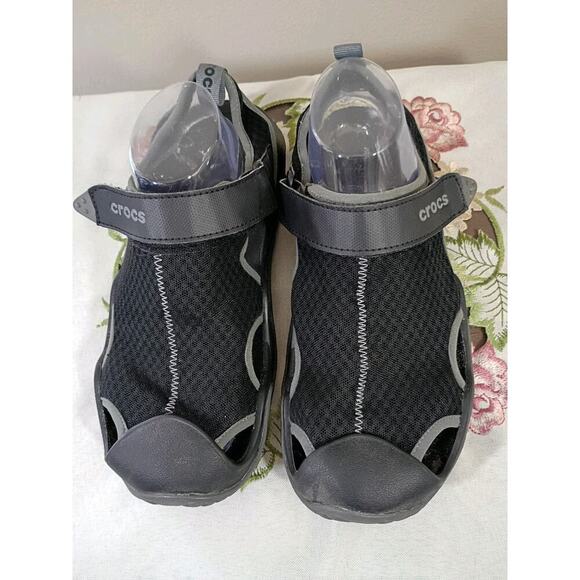 Crocs Mens Swiftwater Fisherman Deck Sandals Shoes Black Water Slip On Size 9 - Picture 1 of 10